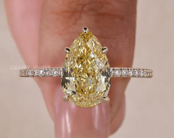Fancy Yellow Pear Cut Lab Diamond Engagement Ring, 14K Yellow Gold Micro Pavé Wedding Band