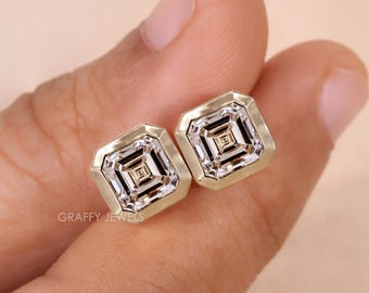 Asscher Cut Lab Grown Diamond Stud Earrings, 14K Solid Gold Minimalist Earrings, Handmade Jewelry