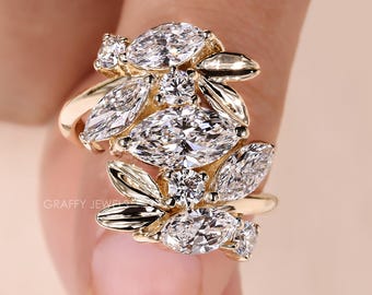 Marquise and Round Diamond Botanical Cluster Engagement Ring, 14K Gold Leaf Vine Nature Inspired Ring, Unique Wedding Ring for Women