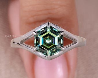 Hexagon Green Moissanite Engagement Ring, 14K Gold Split Shank Solitaire, Unique Geometric Ring
