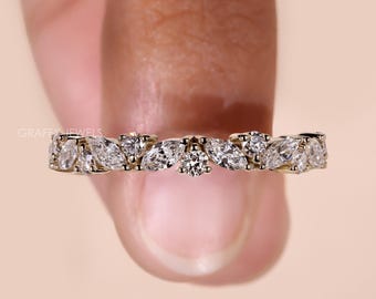 14K Gold Lab Grown Diamond Half Eternity Band, Marquise and Round Diamond Wedding Band, Dainty Cluster Stacking Ring, Art Deco Bridal Gift