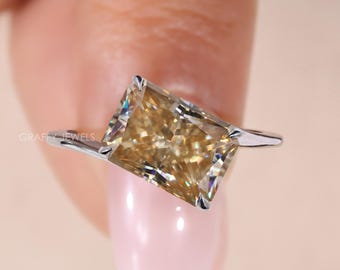 Champagne Radiant Cut Moissanite Engagement Ring, 14K White Gold Solitaire Cocktail Ring for Women