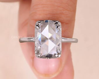 Oval Rose Cut Moissanite Engagement Ring, 14K White Gold Vintage Solitaire Ring for Women