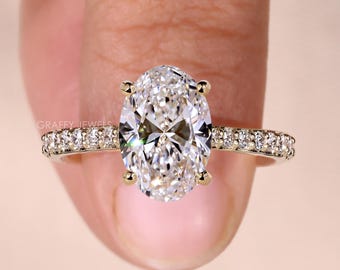 IGI Certified 2 CT Oval Lab Grown Diamond Solitaire Engagement Ring, 14K Yellow Gold Pave Band