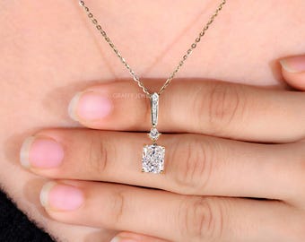 Radiant Cut Diamond Pendant Necklace, 14K Yellow Gold Drop Pendant with Diamond Bail, Gift for Women