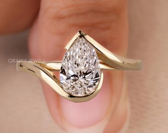 IGI Certified Pear Lab Grown Diamond Engagement Ring, 14K Solid Yellow Gold Asymmetric Half Bezel Bypass Solitaire