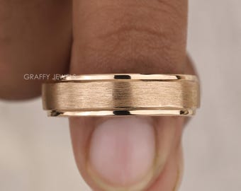 Matte Brushed Gold Men's Wedding Band, Step Edge Flat Comfort Fit Ring for Men Women