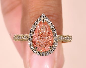 Fancy Intense Pinkish Orange Lab Grown Diamond Halo Engagement Ring, 14K Yellow Gold Scalloped Pavé Band, IGI Certified Diamond
