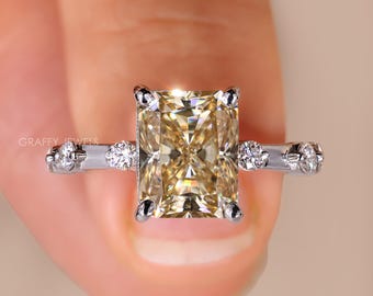 2.50 CT Champagne Moissanite Radiant Cut Ring, 14K White Gold Engagement Ring for Women
