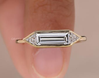 14K Gold East West Baguette Diamond Engagement Ring, 3 Stone Bezel Set Lab Grown Diamond Ring, Geometric Trilliant Cut Accent Promise Ring