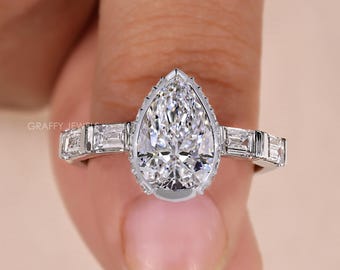 Pear Shape Engagement Ring with Hidden Halo, Baguette Side Stone Ring, 14k White Gold Lab Diamond Ring, Vintage Inspired Bridal Ring