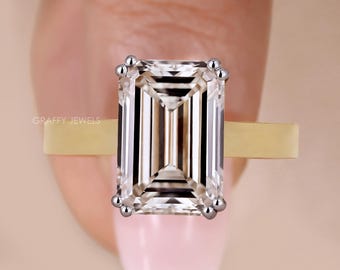 Emerald Cut Lab Grown Diamond Engagement Ring, 14K Yellow Gold Double Prong Solitaire Ring, 4.50 CT Certified Diamond Bridal Jewelry