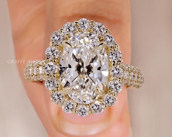 Oval Cut Diamond Halo Engagement Ring, 14K Yellow Gold Thick Pave Diamond Band, Vintage Style Bridal Ring, Anniversary Gift for Her