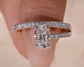 0.85 CT Oval Diamond Engagement Ring, 14K Gold Two Tone Pave Split Shoulder Band, IGI Certified Lab Diamond Ring, Statement Ring for Her