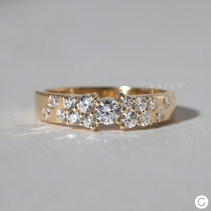 Round Cut Moissanite Engagement Band, Flush Set Wide Wedding Band, Cluster Floating Diamond Band, Art Deco Stackable Band, Anniversary Gifts