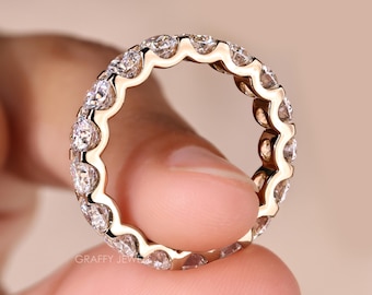 14K Solid Gold Round Diamond Eternity Band, Scalloped Stacking Ring