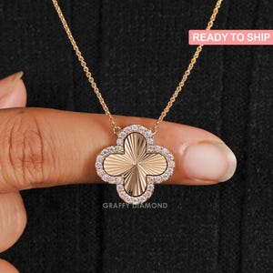 14K Yellow Gold Four Leaf Clover With Diamond Necklace, Charm Necklace, Vintage Handmade Jewelry, Classic Floral Necklace, Elegant Jewelry