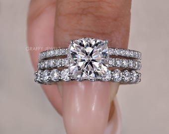 Cushion Cut Moissanite Engagement Ring, 14K White Gold Hidden Halo 3 Piece Bridal Set, Pave Eternity Stacking Band