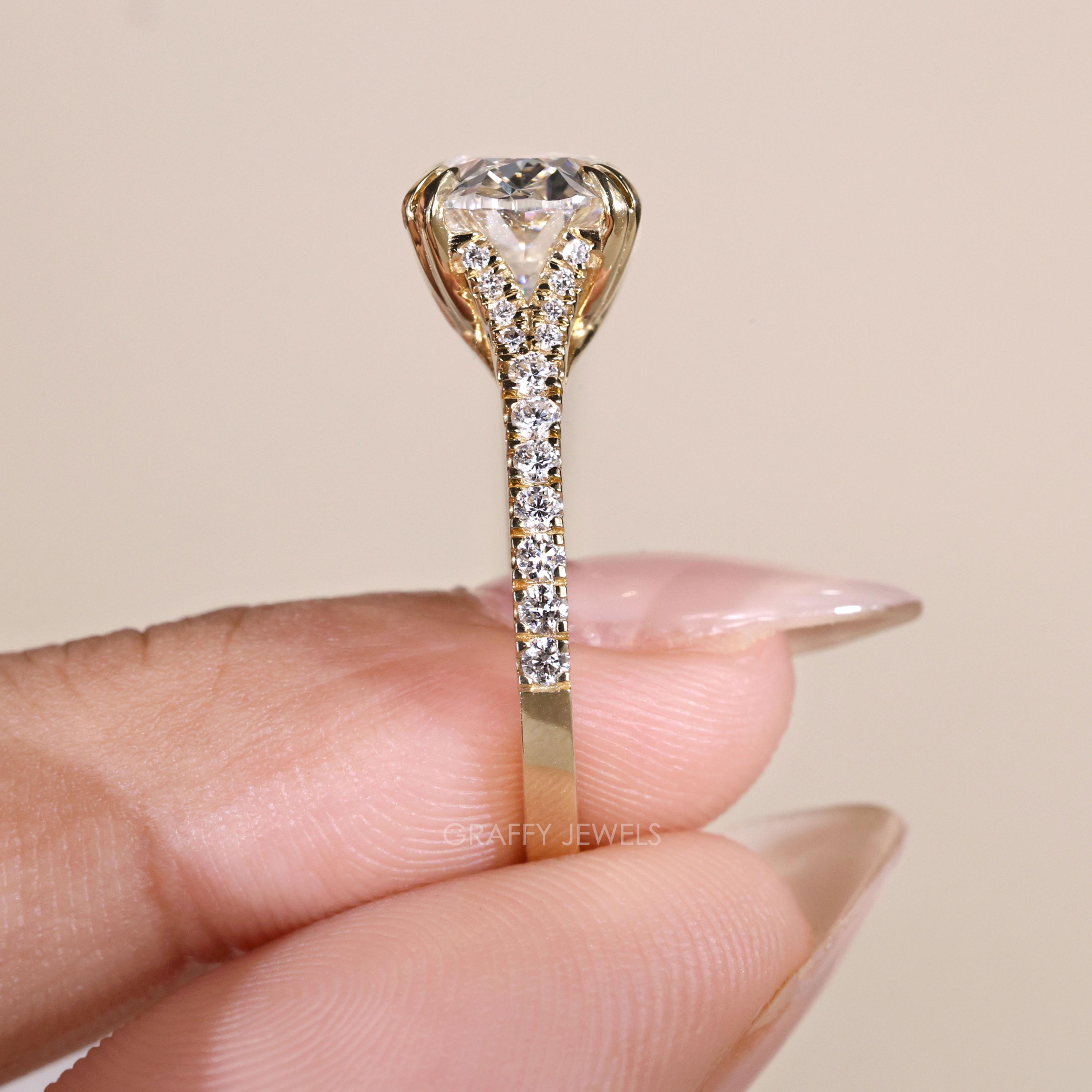 East West Oval Diamond Engagement Ring in 14k Yellow Gold With Pavé ...