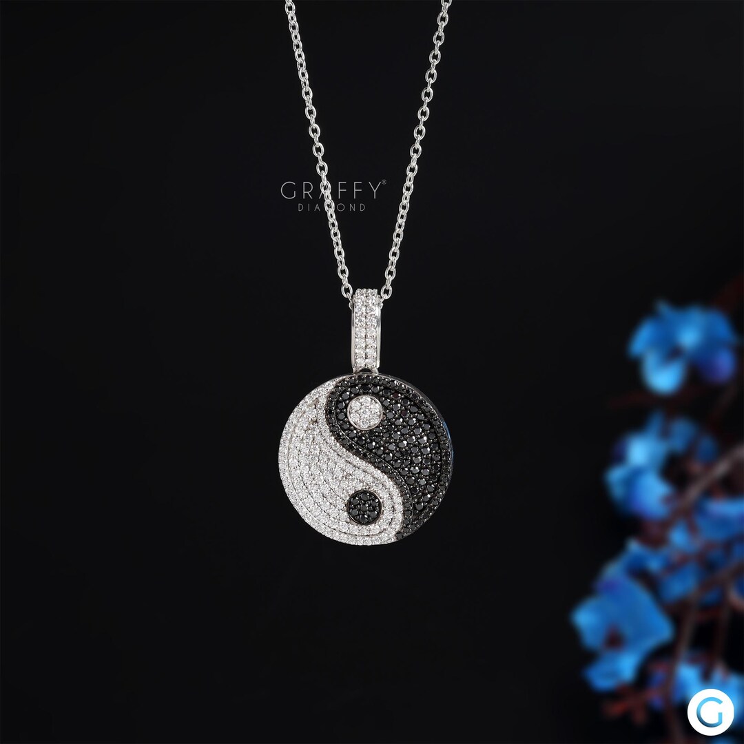 Round Diamond Pendant, Yin Yang Symbol Jewelry Gift, White Black ...