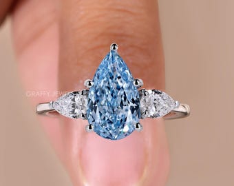 Crushed Ice Vivid Blue Pear Cut Diamond Engagement Ring, 14K White Gold Three Stone Ring, Teardrop Proposal Ring for Women, Art Deco Ring
