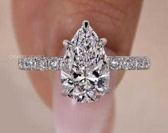 2 CT Pear Cut Lab Grown Diamond Engagement Ring, 14K White Gold Pave Diamond Wedding Band, Minimalist Promise Ring, Handmade Jewelry