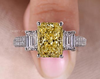 Fancy Yellow Radiant Cut Lab Diamond Three Stone Engagement Ring, 14K White Gold Proposal Ring with Emerald Side Stones, Anniversary Gift