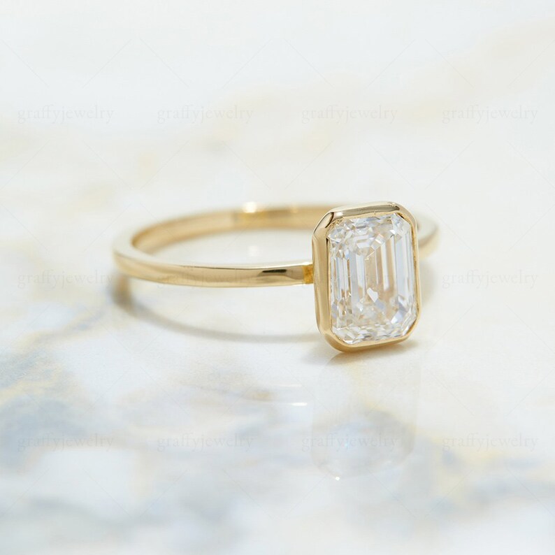1.50 Ct Emerald Cut Moissanite Ring Bezel Set Emerald Etsy