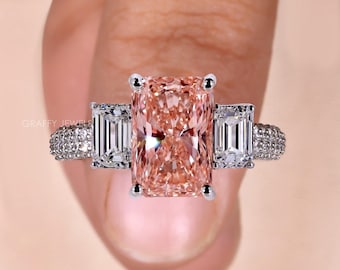 Lab Grown Pink Radiant Diamond Three Stone Engagement Ring, 14K White Gold Pavé Band