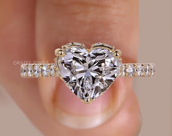 Heart Cut Lab Grown Diamond Ring, 14K Yellow Gold Hidden Halo Engagement Ring, Delicate Pave Wedding Band, Bridal Jewelry Gift