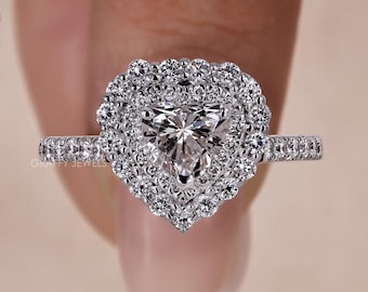 Heart Shaped Moissanite Engagement Ring, 14K Gold Two Tone Double Halo Ring, Handmade Jewelry
