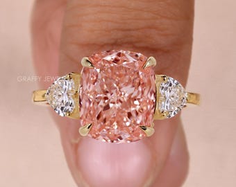 14K Gold Fancy Orangish Cushion Cut Lab Grown Diamond Ring, Three Stone Engagement Ring, Vintage Inspired Bridal Ring, Anniversary Gift