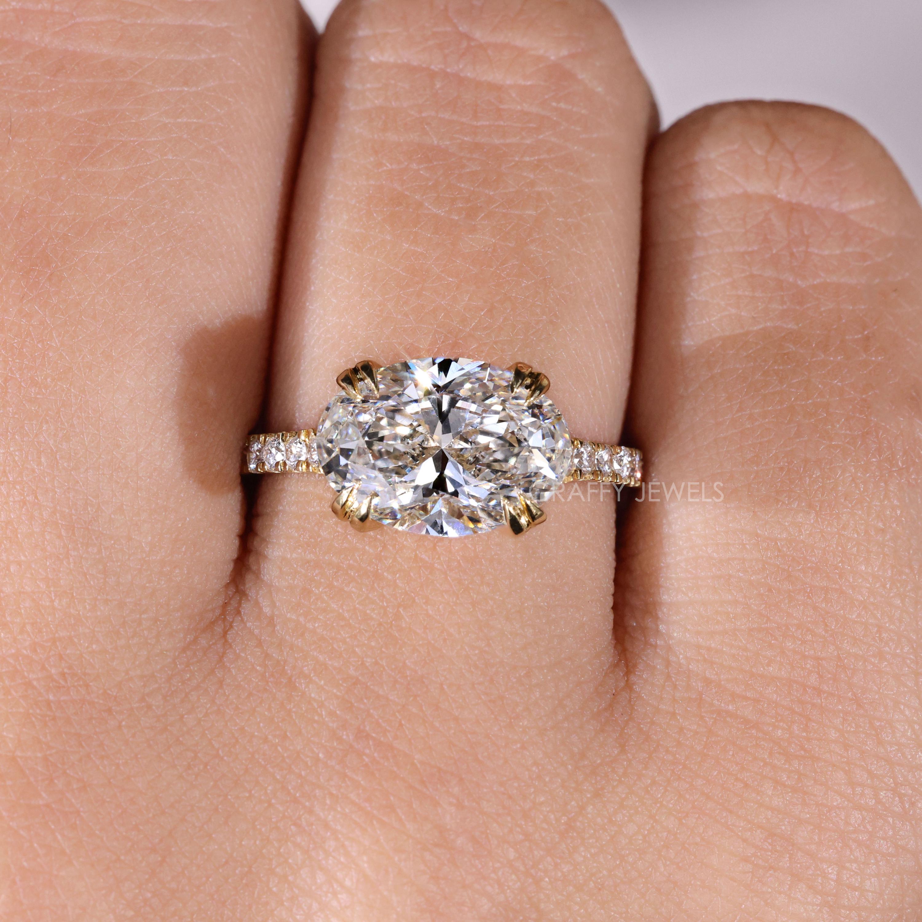 East West Oval Diamond Engagement Ring in 14k Yellow Gold With Pavé ...