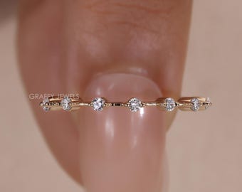 Floating Bubble Diamond Wedding Band, 14K Gold Lab Diamond Half Eternity Ring, Minimalist Stacking Ring, Unique Dainty Bridal Ring