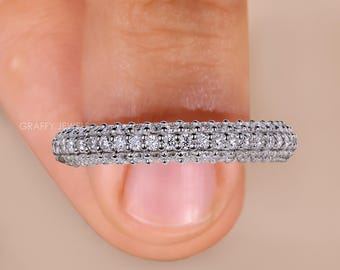 3 Row Micro Pave Diamond Eternity Ring, 14K White Gold Dainty Domed Wedding Band, Anniversary Gift for Wife
