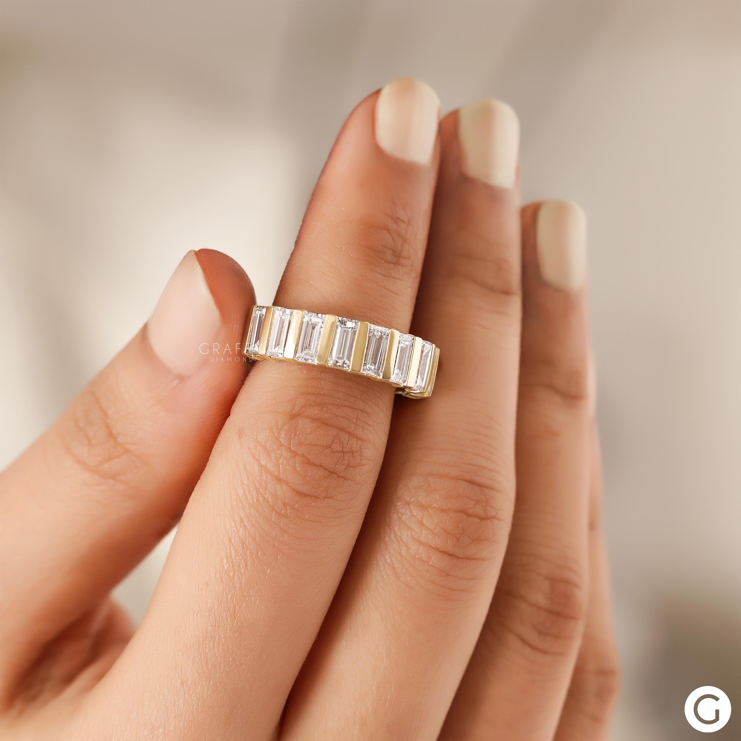 14K Solid Yellow Gold Baguette Cut Half Eternity Moissanite Wedding ...