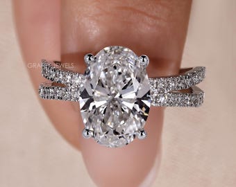 2.50 CT Oval Cut Lab Grown Diamond Engagement Ring, 14K Gold Double Row Pavé Split Shank, Vintage Bridal Ring, Unique Anniversary Gift