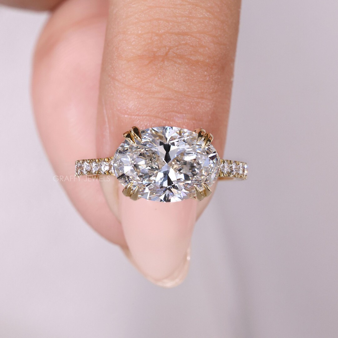 East West Oval Diamond Engagement Ring in 14k Yellow Gold With Pavé ...