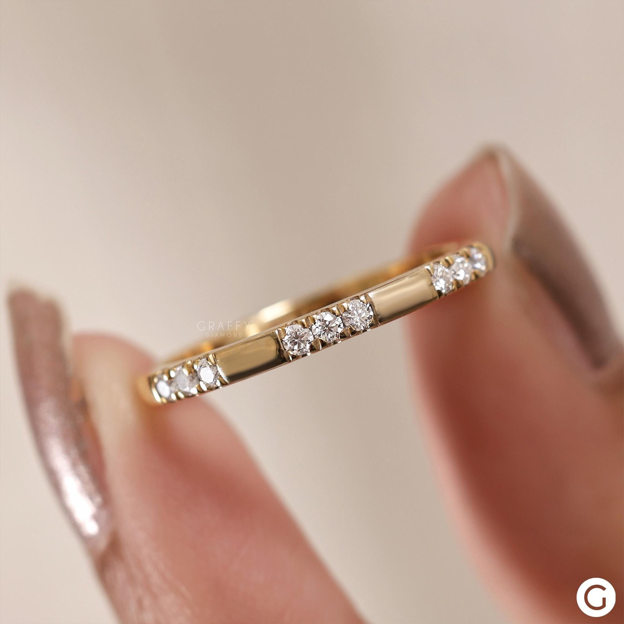 Round Cut Flush Set Colorless Diamond Eternity Wedding Band, 14K Solid Yellow Gold Matching Band, Chunky Dainty Band, Etoile Stackable Ring