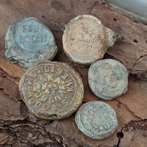 A set of old lead trade seals, vintage tin seals of the 19th-20th centuries, Seals of Russian and Austrian empires, seals with coat of arms
