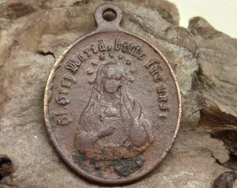 Vintage Catholic Medallion 19th Century, Ancient copper medallion Pendant,  Vintage Mascot Talisman, Metal detector find, Rare medallion