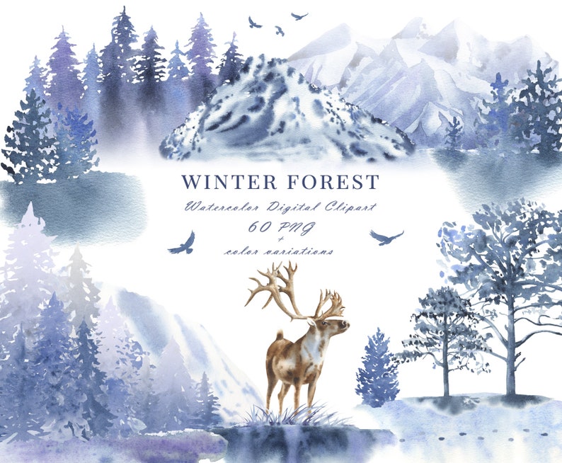 winter forest watercolor clipart
