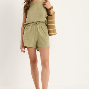 Cotton Lounge Set: Women&#39;s Sleeveless Top and Shorts