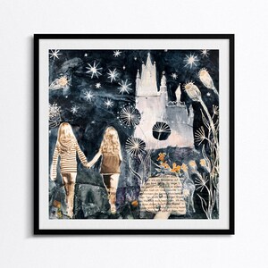 Stampa artistica con tecnica mista di una fiaba, collage di ragazze