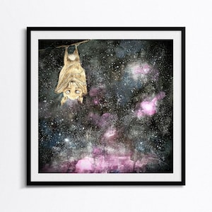 Stampa artistica di stelle, galassia e pipistrello, illustrazione con tecnica mista