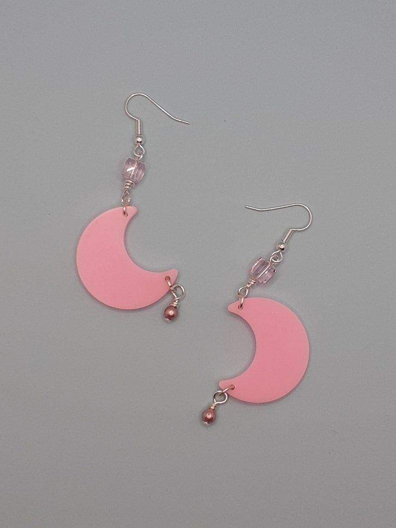 Pastel pink moon earrings pearl and cube charms