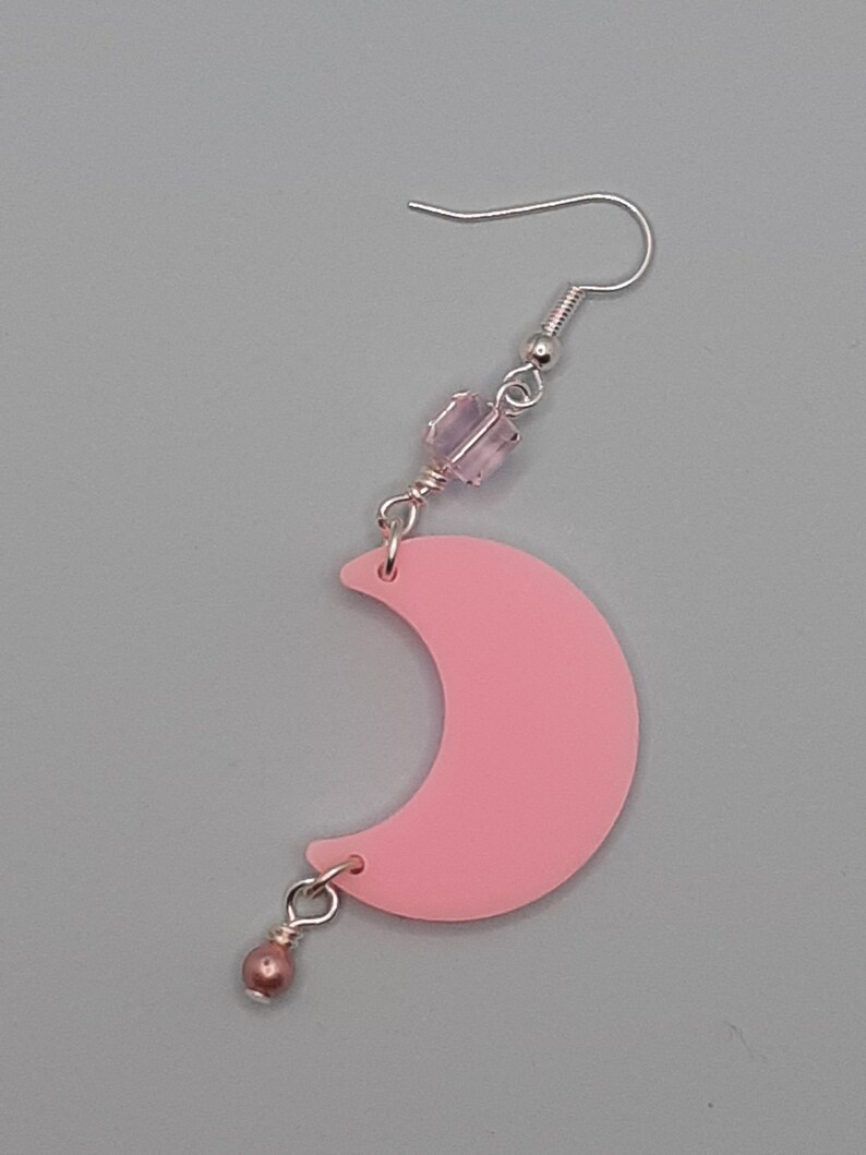 Pastel pink moon earrings pearl and cube charms
