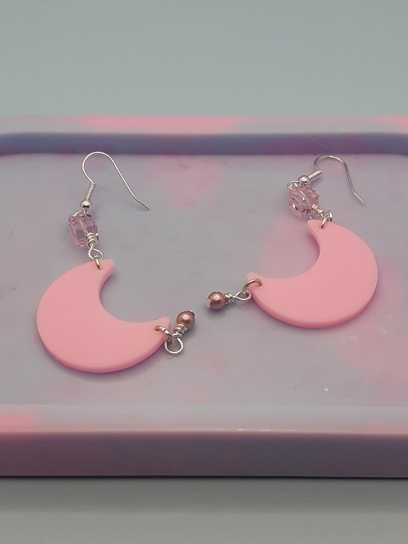 Pastel pink moon earrings pearl and cube charms