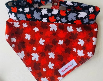 Reversible O Canada Day Bandana, Red with white and red maple leaves.  The reverse side is black with white, red and grey maple leaves.