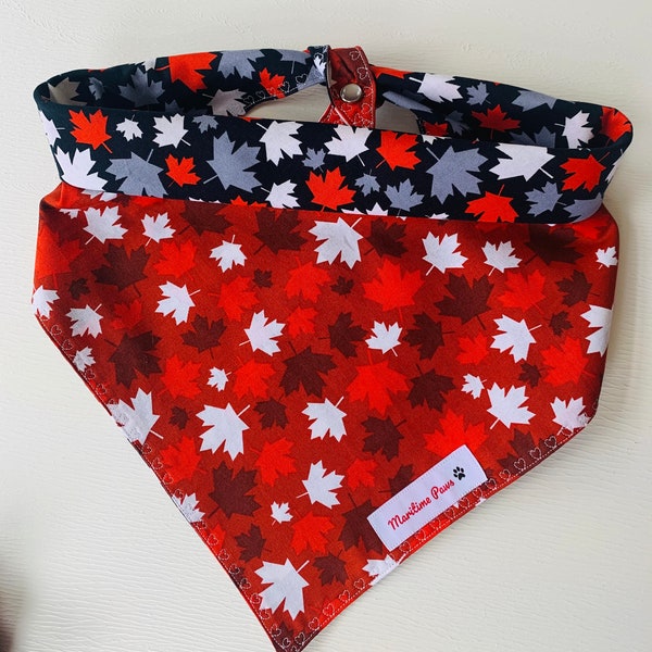 Reversible O Canada Day Bandana, Red with white and red maple leaves.  The reverse side is black with white, red and grey maple leaves.